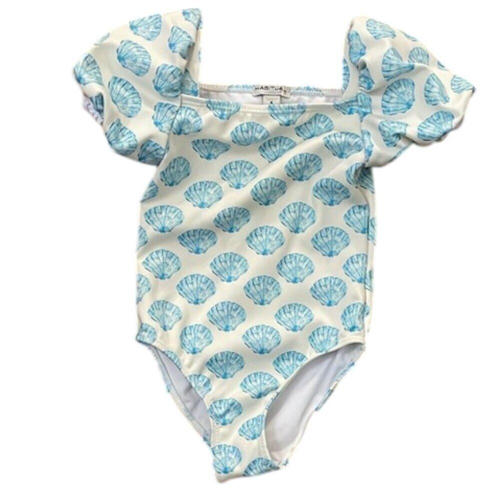 Habitual Girls Size 4 Fiji Cool Shell Print One-Piece Swimsuit White Blue